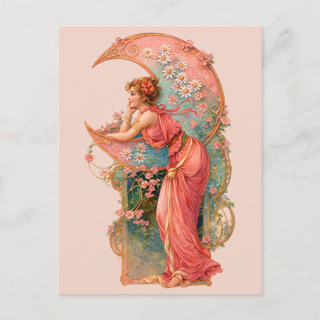 Postal Mujer Retro Art Nouveau y Luna Creciente (Anverso)