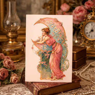 Postal Mujer Retro Art Nouveau y Luna Creciente