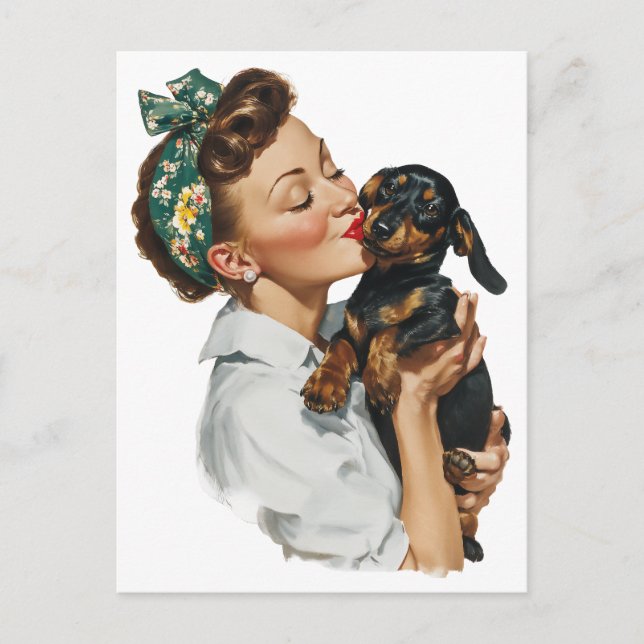 Postal Mujer Retro Besando a Cute Dachshund (Anverso)