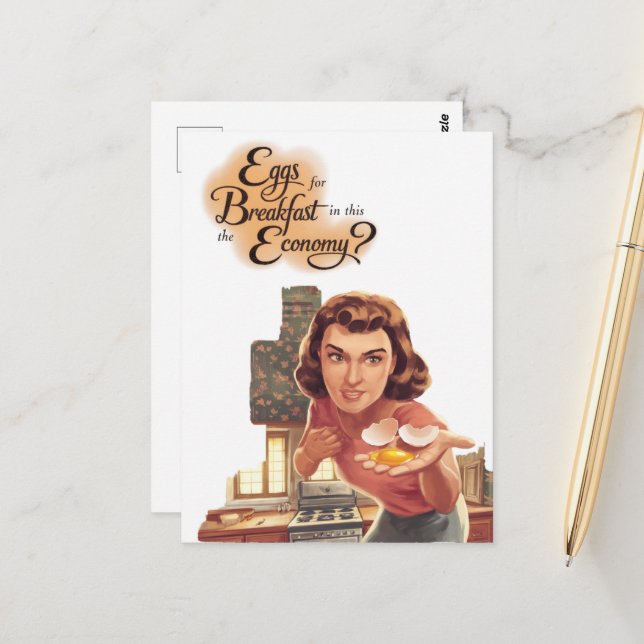 Postal Mujer retro busca desayuno en esta economía (Anverso/Reverso In Situ)