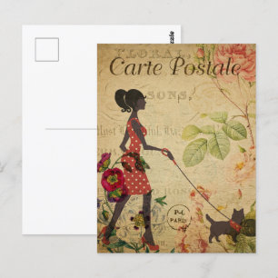 Postal Mujer retro caminando perro