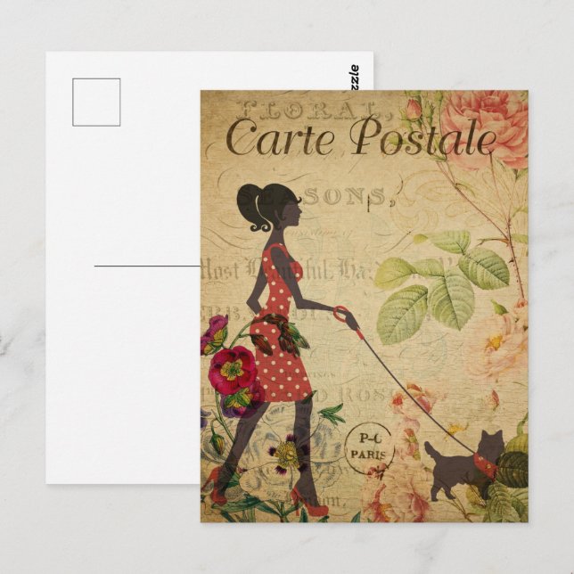 Postal Mujer retro caminando perro (Anverso / Reverso)