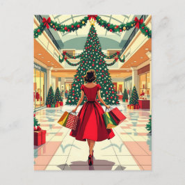 Postal Mujer Retro Compras Navidad Mediados de Siglo