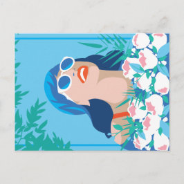 Postal Mujer retro con flores y sol