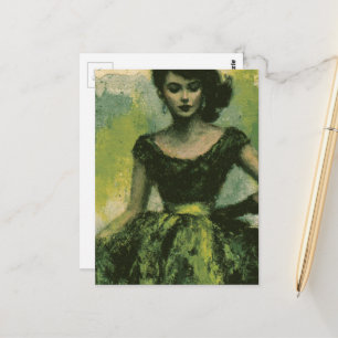 Postal Mujer Retro con un Vestido Verde