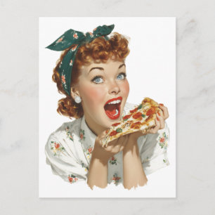 Postal Mujer Retro Disfrutando Rebanada de Pizza