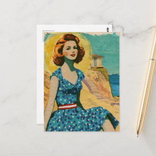 Postal Mujer Retro en Lunares Azules Un Día en la Playa