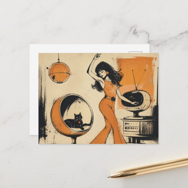 Postal Mujer Retro en Naranja Baila Con Gato Negro (Anverso/Reverso In Situ)