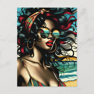 Postal Mujer Retro en Playa Estilo Cómic Arte Pop