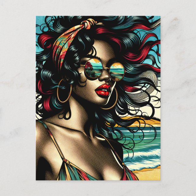 Postal Mujer Retro en Playa Estilo Cómic Arte Pop (Anverso)