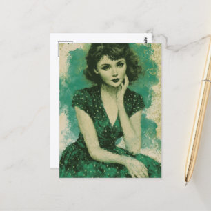 Postal Mujer Retro en un vestido de lunares verdes y blan