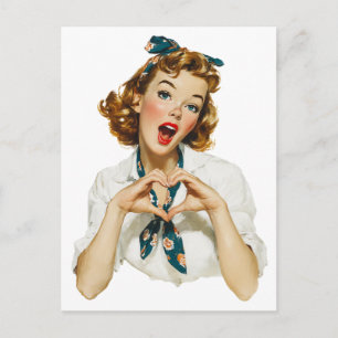 Postal Mujer Retro Haciendo un Gestó de Corazón