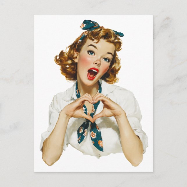 Postal Mujer Retro Haciendo un Gestó de Corazón (Anverso)