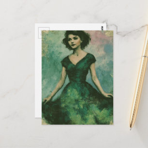 Postal Mujer Retro Hermosa con un Vestido Verde