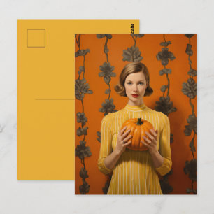 Postal Mujer retro sosteniendo calabaza