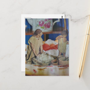Postal Mujer Retro Surrealista y Niño en la Fresa
