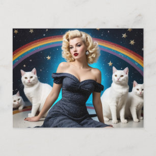 Postal Mujer rubia blanco gatos arcoiris