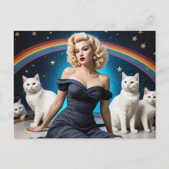 Postal Mujer rubia blanco gatos arcoiris (Anverso)
