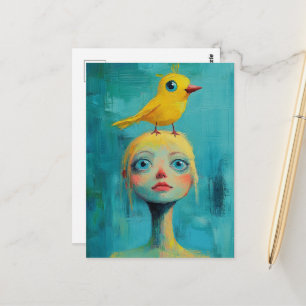 Postal Mujer rubia caprichosa con pájaro amarillo en la c