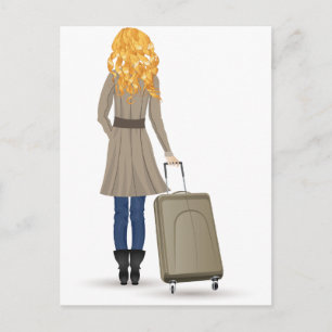 Postal Mujer rubia con maleta