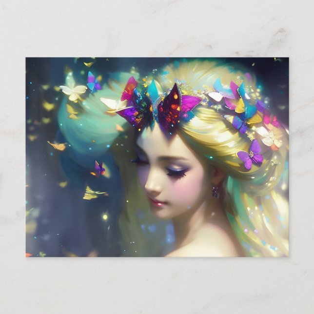 Postal Mujer rubia de fantasía y mariposas (Anverso)