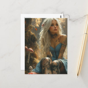 Postal Mujer rubia en el bosque de champiñones