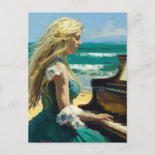 Postal Mujer rubia tocando piano en la playa