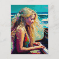 Mujer rubia tocando piano en la playa