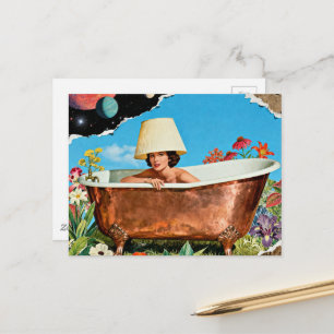 Postal mujer rústica bañera de cobre collage de flores