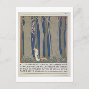 Postal Mujer seguida de un leopardo, ilustracion de Le