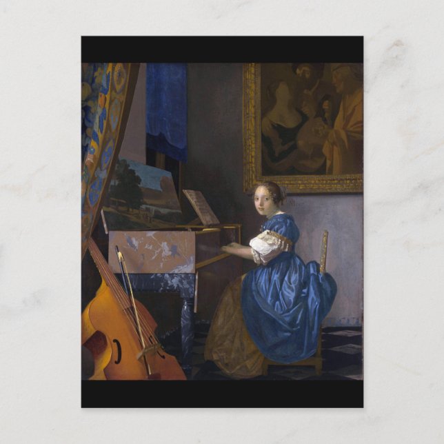 Postal Mujer sentada en virgen por Vermeer (Anverso)