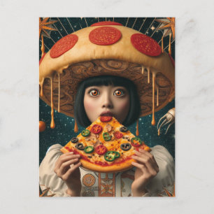 Postal Mujer Silly Pizza Con Gorra De Hongos Pepperoni