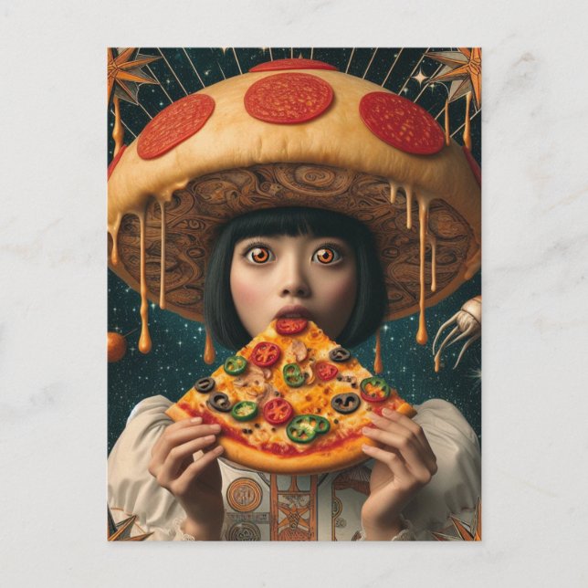 Postal Mujer Silly Pizza Con Gorra De Hongos Pepperoni (Anverso)