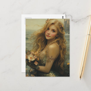 Postal Mujer Sirena Con Flores