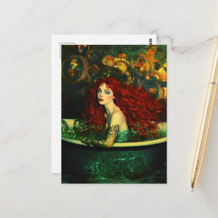 Postal Mujer Sirena de Cabello Rojo en una Bañera