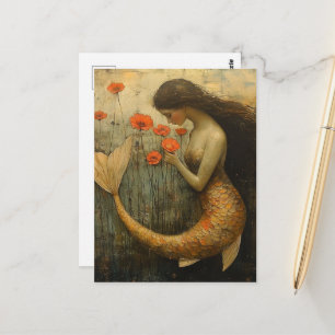 Postal Mujer Sirena de Fantasía con Flores