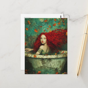 Postal Mujer sirena pelirroja en una bañera