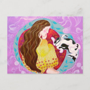 Postal Mujer soñadora y gato.