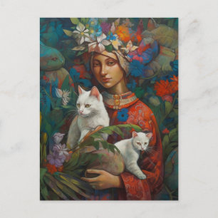 Postal Mujer sosteniendo 2 bosques tropicales de gatos bl