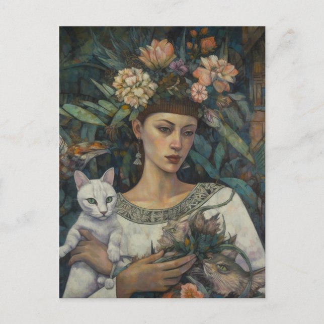 Postal Mujer sosteniendo gatos flores tropicales (Anverso)
