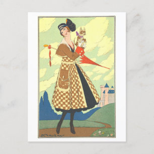 Postal Mujer sosteniendo una cosecha de perro