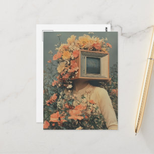 Postal Mujer surrealista con cabeza de TV y flores