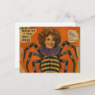 Postal Mujer surrealista con collage de cuerpo de araña