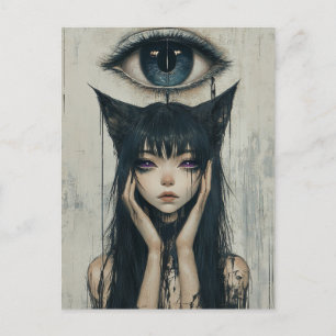 Postal Mujer surrealista con orejas de gato