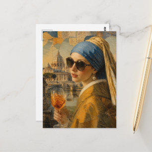 Postal Mujer surrealista con pendiente de perla se va de 