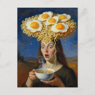 Postal Mujer Surrealista con Ramen y Huevos en el Cerebro