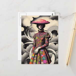 Postal Mujer surrealista con sombrero de hongo
