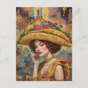 Postal Mujer Surrealista Con Sombrero De Taco Gigante