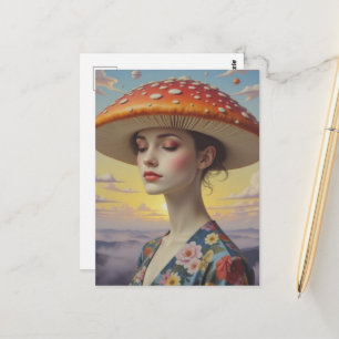 Postal Mujer Surrealista Con un Sombrero de Hongo