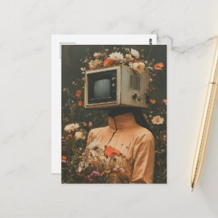 Postal Mujer Surrealista Única con cabeza de TV y flores